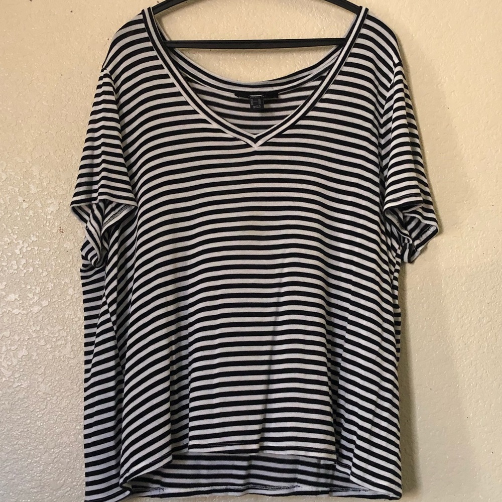 Forever21 2X Black and White Striped V-Neck Short Sleeve Tee